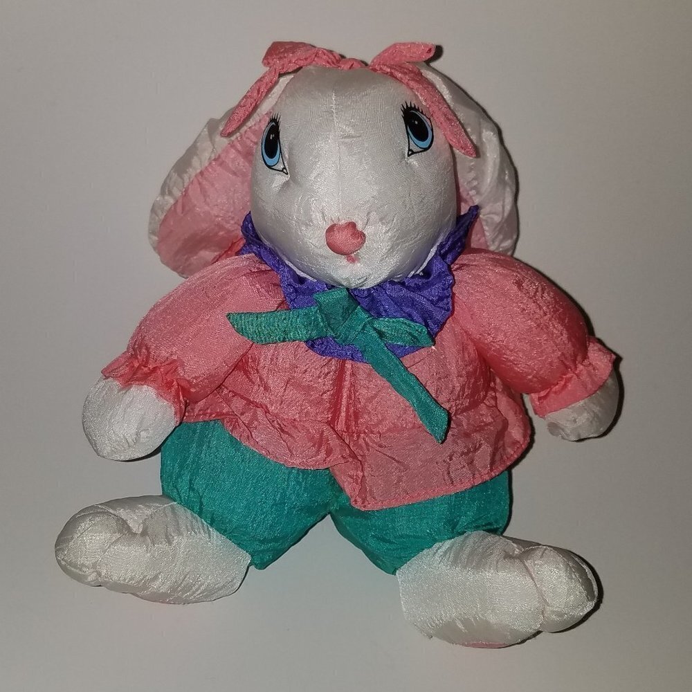 VTG Bunny Rabbit Plush 7" Toy Easter Nylon Pink Green Trendmasters 1992 NO SOUND